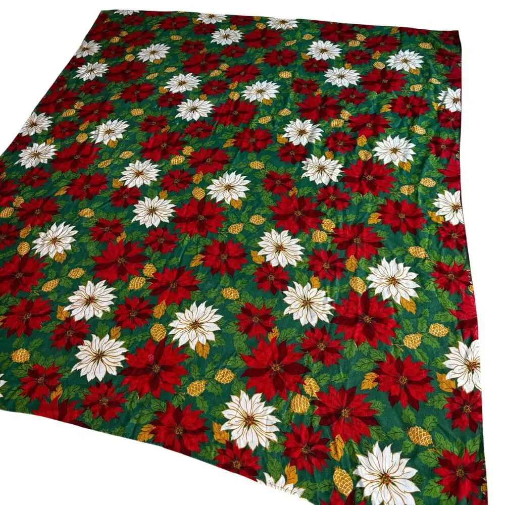 Christmas Tablecloth vintage 70's woven red green white gold poinsettias cloth